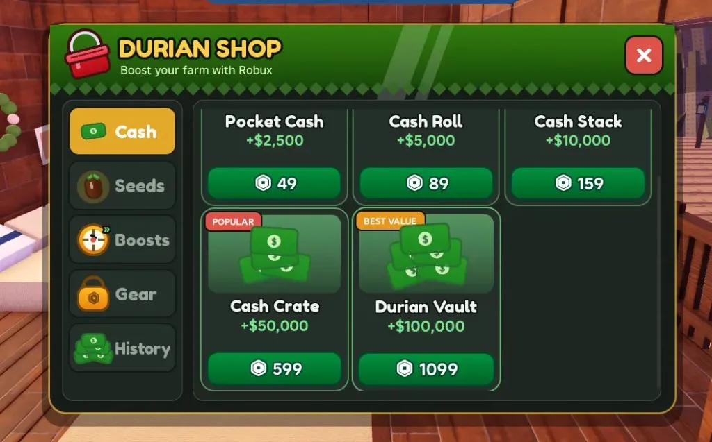 Durian Shop Cash tab: Pocket Cash through Durian Vault Robux packs
