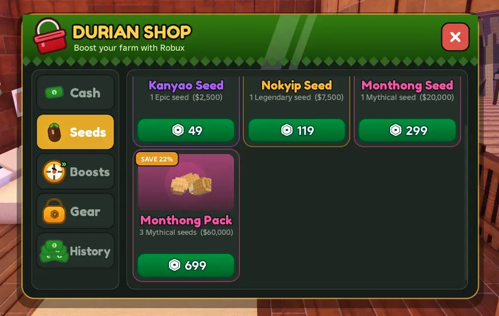 Durian Shop Seeds tab: Kanyao, Nokyip, Monthong, and Monthong Pack