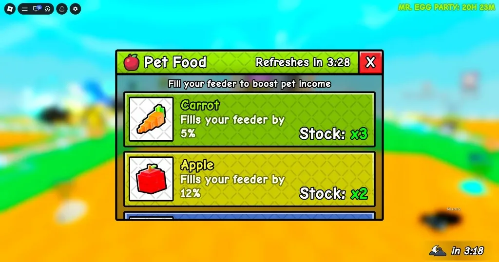 Fake an Egg Pet Food shop: Carrot and Apple feeder fill amounts