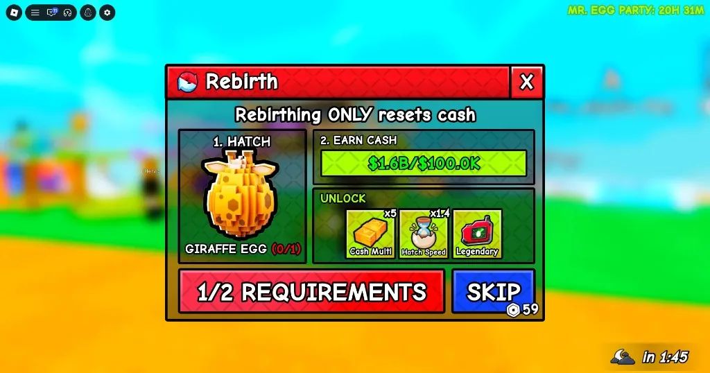 Fake an Egg Rebirth panel: hatch requirement, cash goal, and unlocks