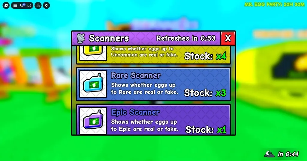 Fake an Egg Scanners shop with Uncommon, Rare, and Epic stock