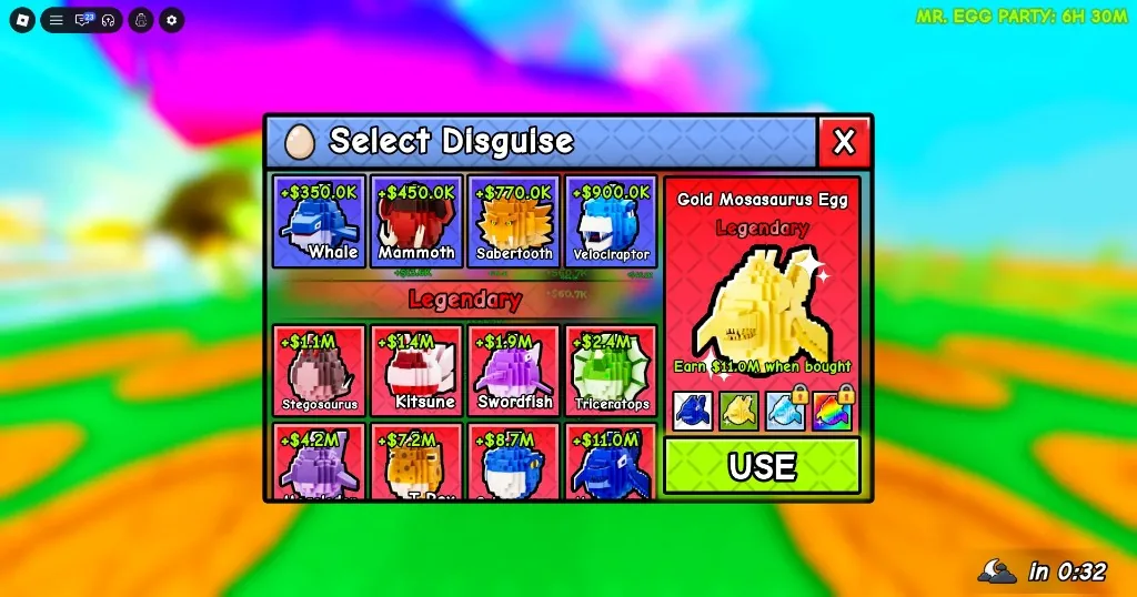 Fake an Egg Select Disguise menu with egg looks, buy payout, Gold variants, and USE