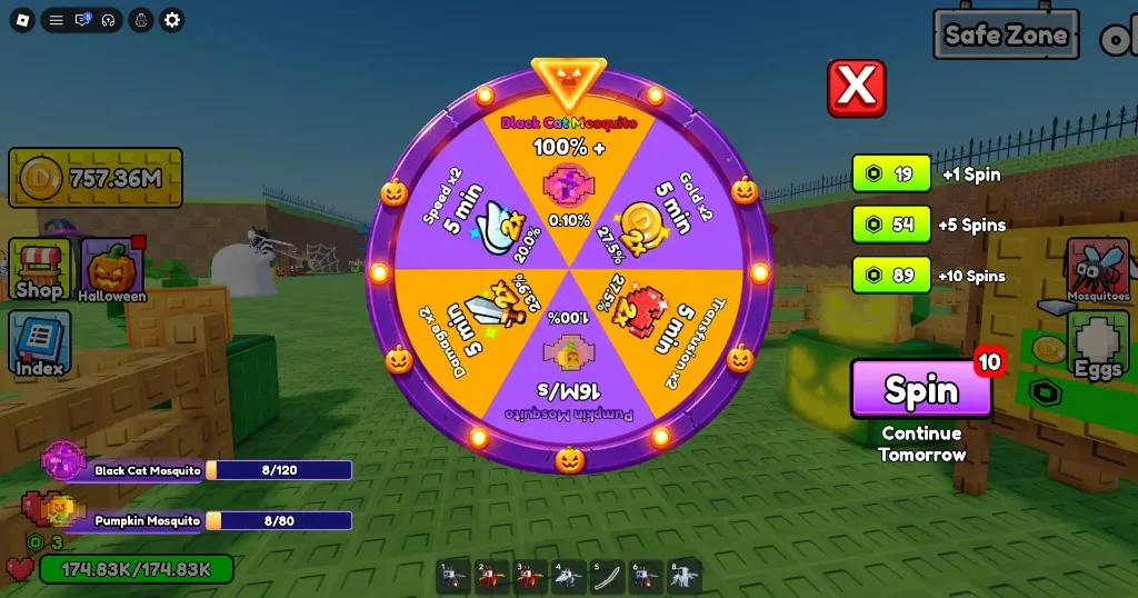Feed A Mosquito Halloween spin wheel with buffs and limited Black Cat and Pumpkin mosquitoes
