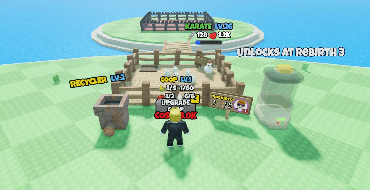 Grow a Chicken Fighter base: Coop LV.1 with eggs, Recycler LV.2, and a deployed fighter on the training pad