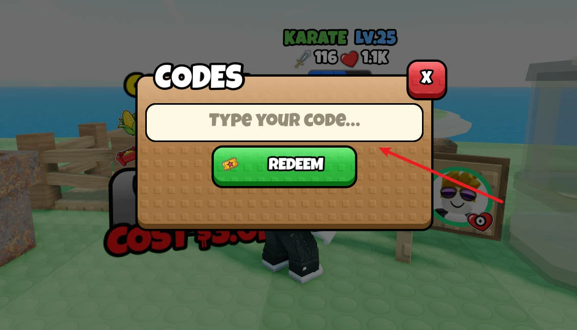 Grow a Chicken Fighter Codes window: TYPE YOUR CODE field and green Redeem button with ticket icon