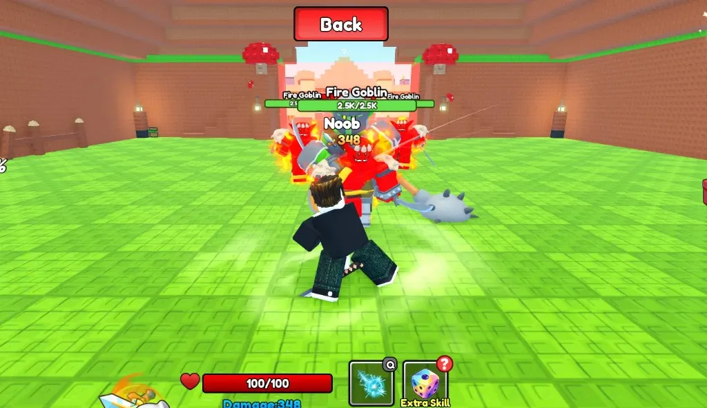 +1 Loot To Forge dungeon fight: Fire Goblin boss, Damage HUD, and Q skill
