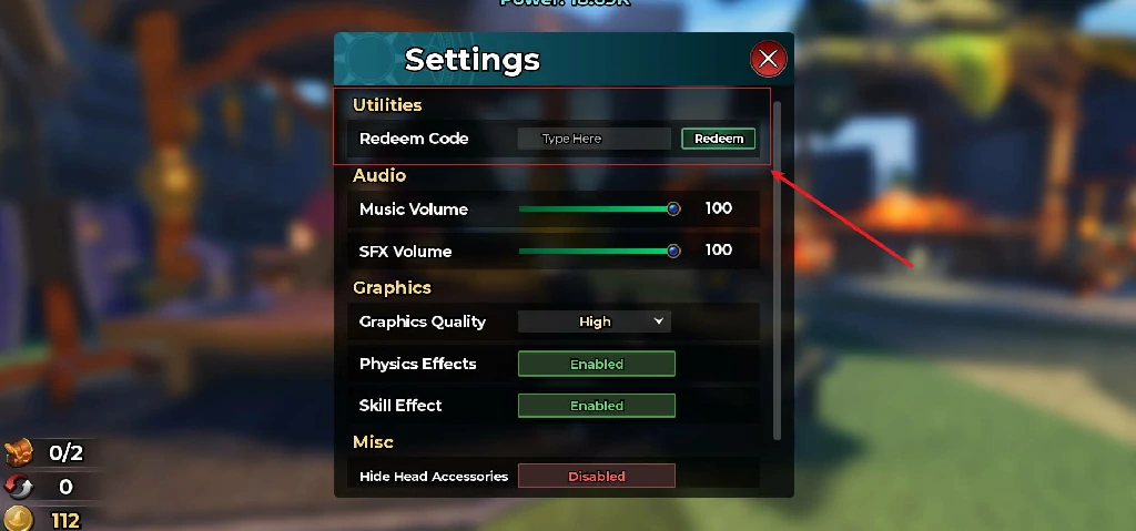 Magic Loot Settings — Redeem Code field under Utilities with the Redeem button