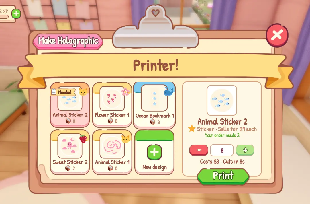 Printer panel showing sell price, print cost, and cut count