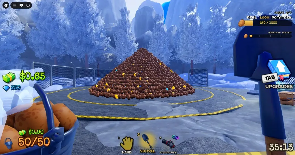 Peel THE Potato potato mountain: shovel dig, full basket, and TAB upgrades prompt