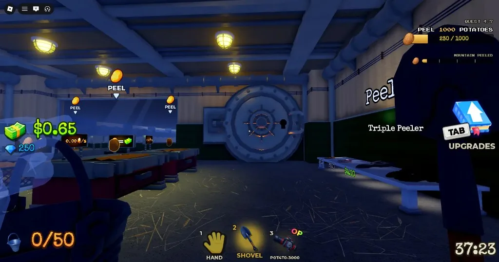 Peel THE Potato peel room with PEEL stations, Triple Peeler bench, and Vault door