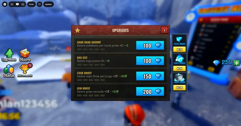 Peel THE Potato UPGRADES menu: Hand Grab Amount, Bag Size, Cash Boost, and Gem Boost