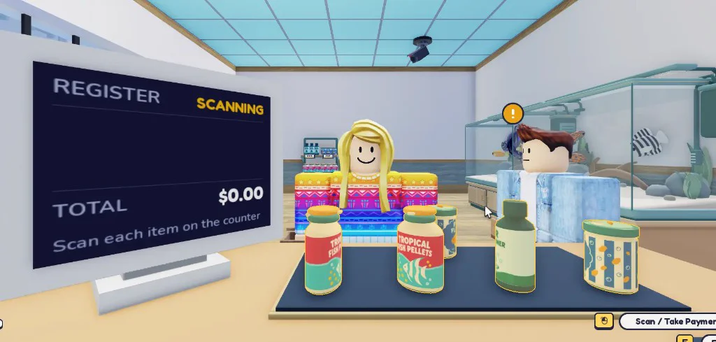 Pet Store Tycoon beginner checkout: register shows SCANNING with fish food, flakes, and Water Conditioner on the counter mat