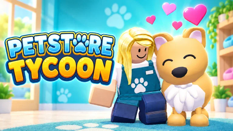 Pet Store Tycoon cover: shop worker in a paw-print apron hugging a tan pet inside a bright pet store