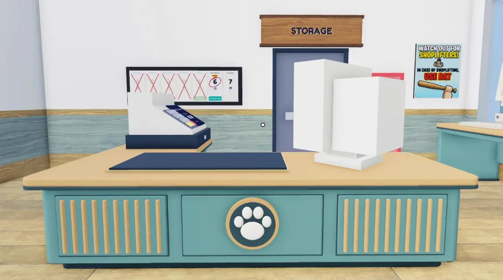 Pet Store Tycoon money loop: front counter with register, weekly recap calendar, STORAGE door, and shoplifter warning poster