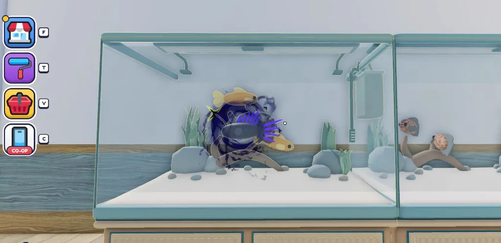 Pet Store Tycoon pets: fish tanks with goldfish and a dark fish with glowing purple fins beside the filter