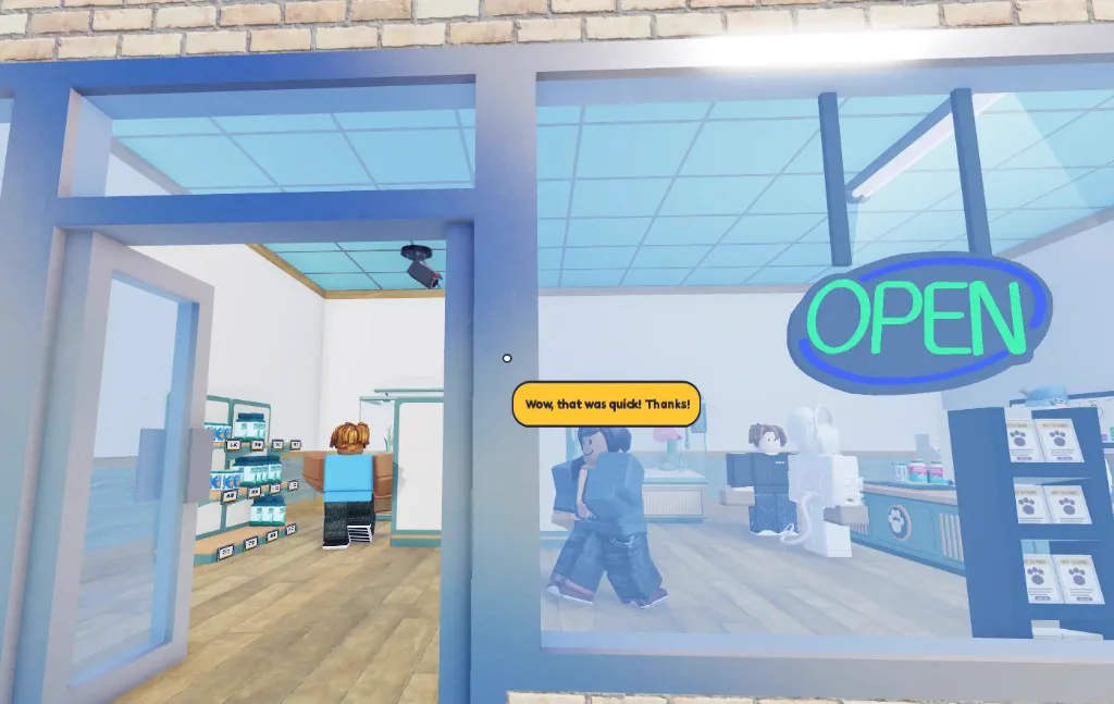 Pet Store Tycoon store front: OPEN sign in the window and a customer leaving after a quick curbside sale