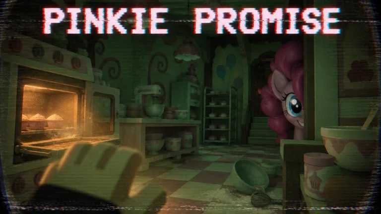 Pinkie Promise Chapter 1 card art: kitchen oven cupcakes with Pinkie Pie peeking from the doorway