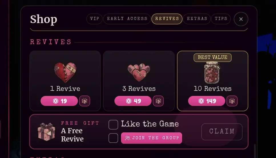 Pinkie Promise Shop Free Gift panel: Like the Game, Join the Group, then Claim a Free Revive