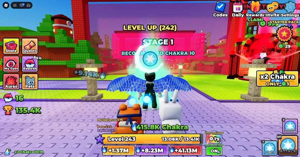 +1 Anime Eyes Bamboo Grove: Stage 1 gate, HUD with Chakra, rebirth count, trophies, pets, and Free Auto Clicker