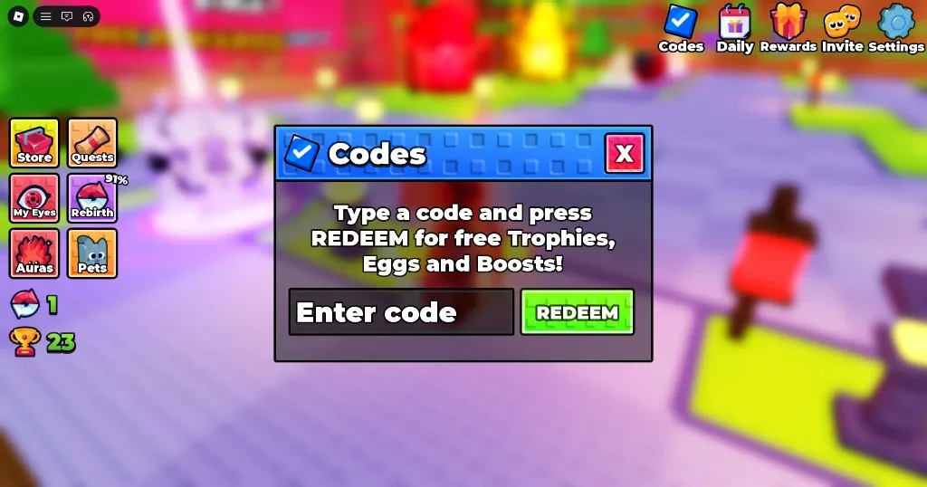 +1 Anime Eyes Codes window: Enter code and REDEEM for free Trophies, Eggs and Boosts