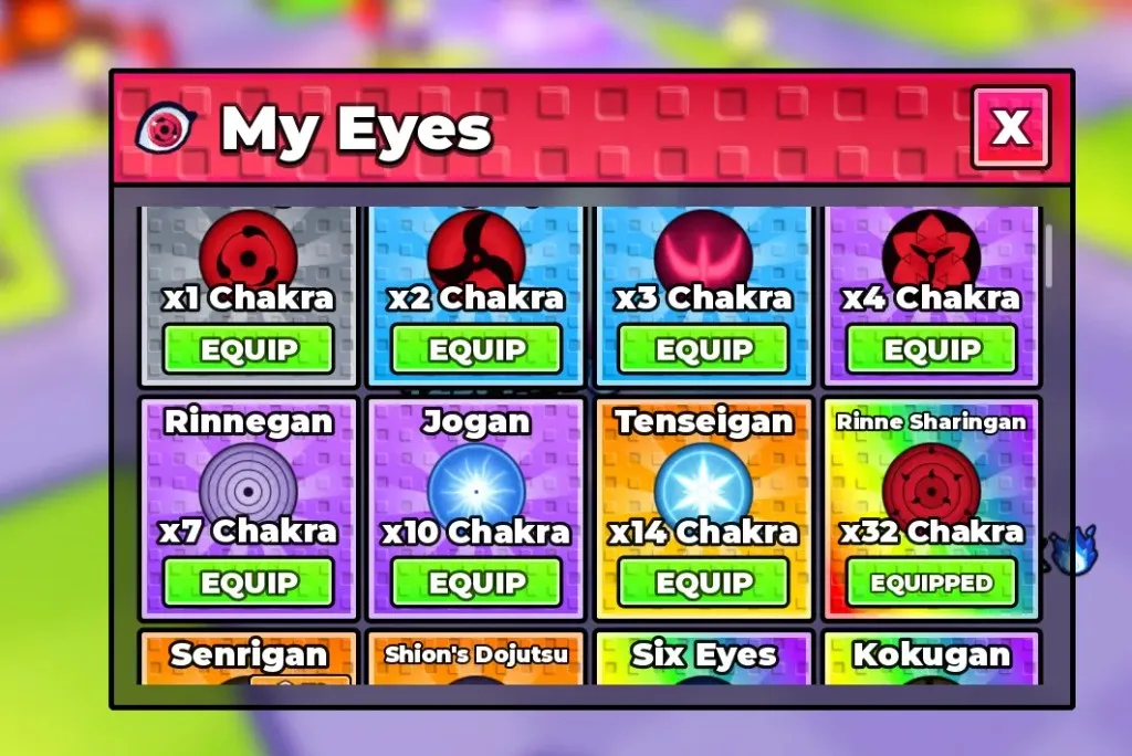 +1 Anime Eyes My Eyes menu: Sharingan through Rinne Sharingan with Chakra mults and EQUIP buttons