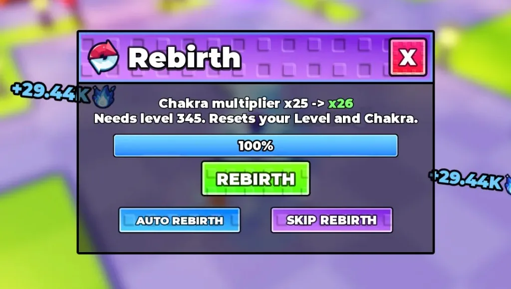 +1 Anime Eyes Rebirth panel: Chakra multiplier x25 to x26, needs level 345, resets Level and Chakra