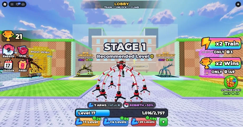 +1 Spider Arm lobby: Stage 1, Wins, ORBWEAVER and DREADNOUGHT pedestals