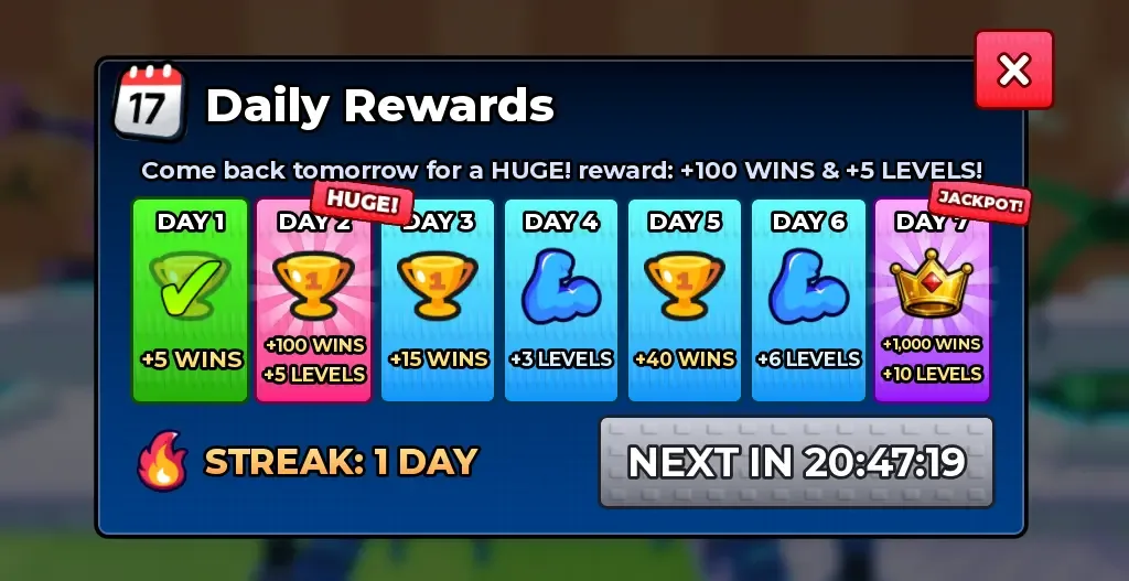 Daily Rewards board: Day 1 +5 Wins through Day 7 jackpot +1,000 Wins and +10 Levels