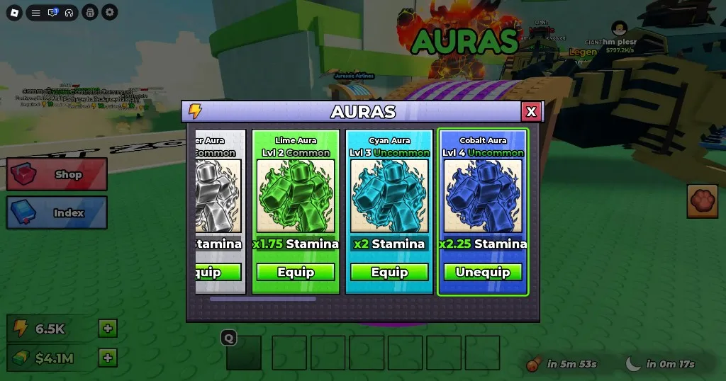Ride a Dino Auras menu: Lime, Cyan, and Cobalt Stamina multipliers