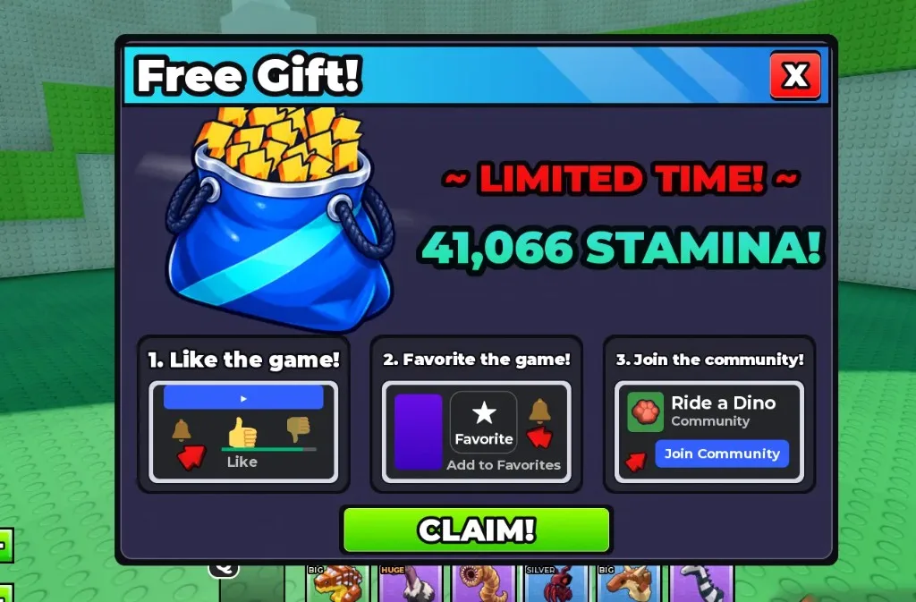 Ride a Dino Free Gift panel: Like, Favorite, Join Ride a Dino Community, then Claim Stamina