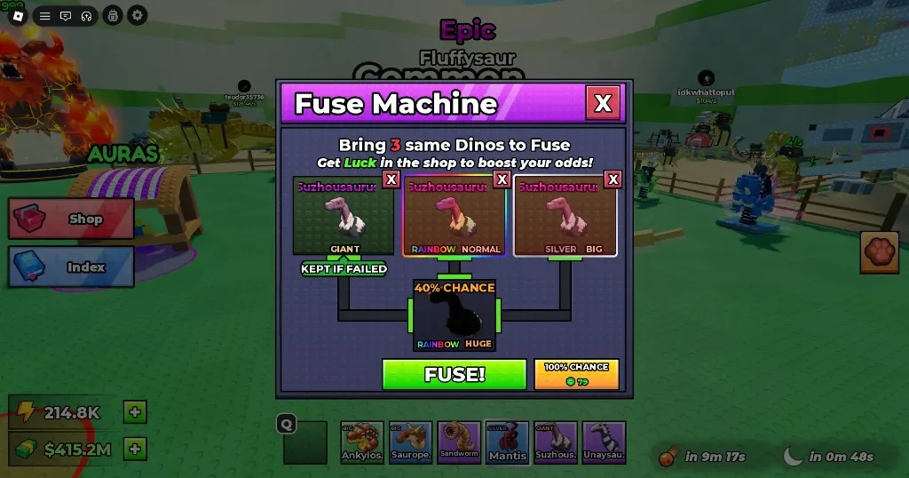 Ride a Dino Fuse Machine: three same dinos, size upgrade chance, and Fuse button