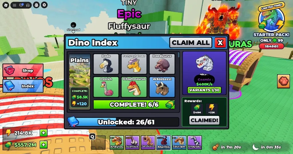 Ride a Dino Index: Plains complete 6/6, Claim All, Unlocked 26/61, variant rewards