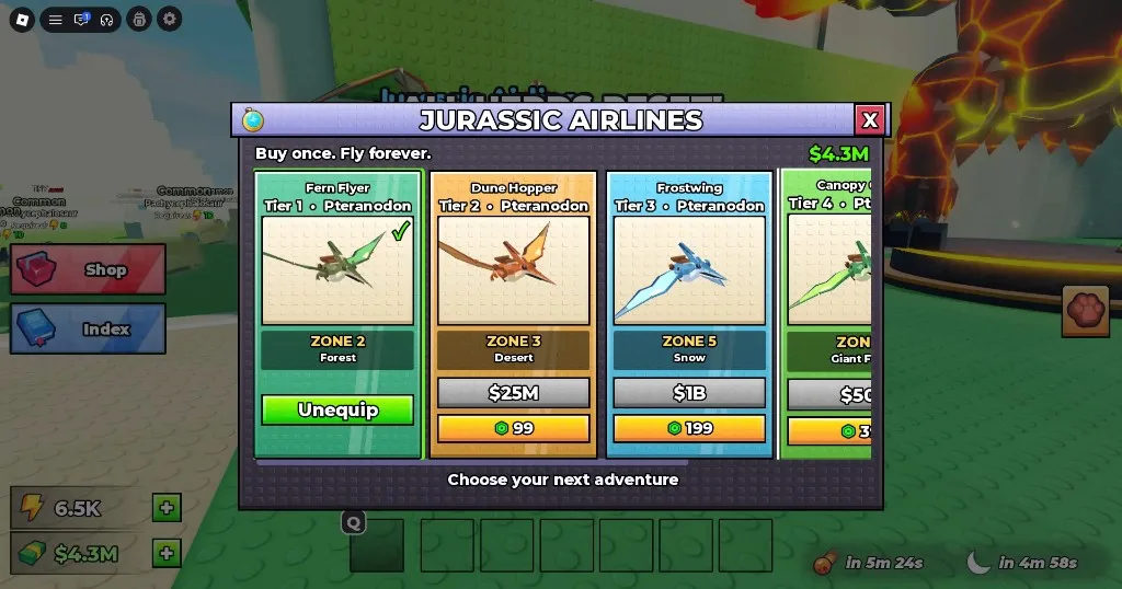 Ride a Dino Jurassic Airlines: buy-once Pteranodon flyers by zone