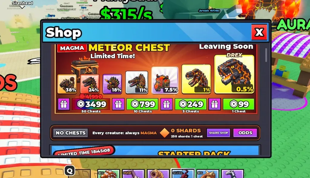Ride a Dino Magma Meteor Chest shop: always MAGMA odds, Robux bundles, shards