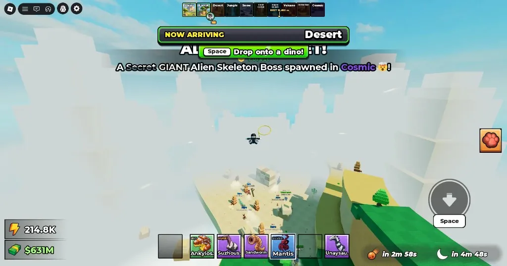 Ride a Dino NOW ARRIVING Desert drop: zone strip, Space drop prompt, and Secret spawn chat