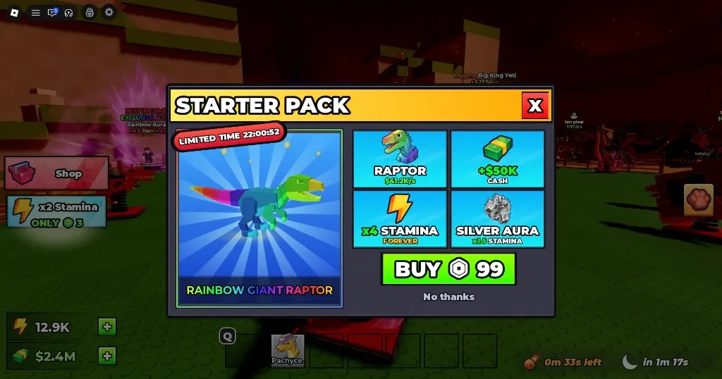 Ride a Dino Starter Pack: Rainbow Giant Raptor, Cash, x4 Stamina, Silver Aura for 99 Robux