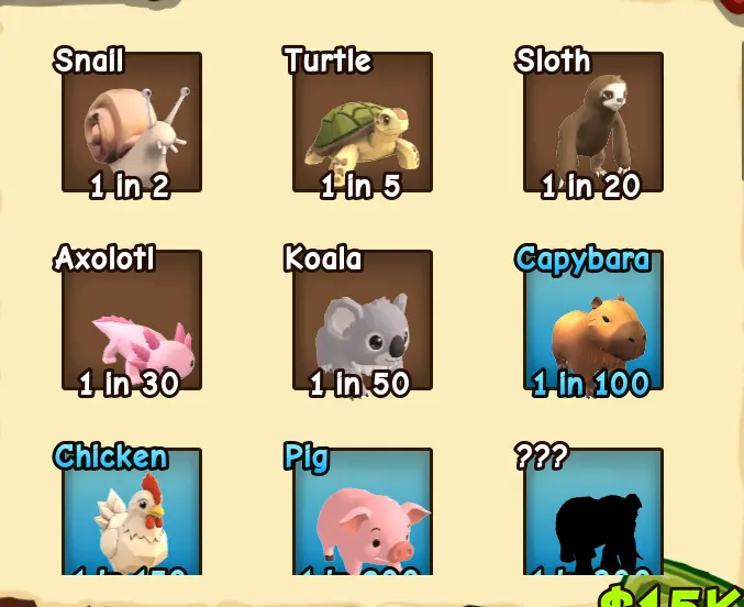 Ride A Pet hatch odds grid from Snail 1 in 2 through Pig 1 in 200 with one locked silhouette at 1 in 300