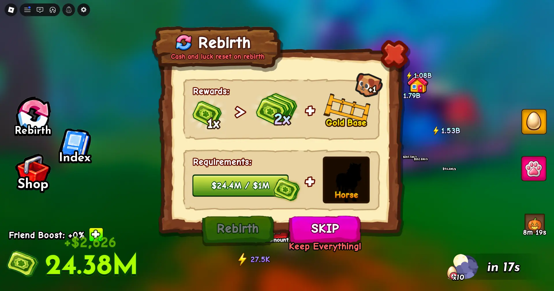 Ride A Pet rebirth: cash and pet gates on the Rebirth panel before a permanent multiplier reset