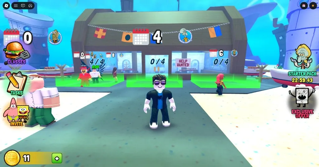 Lobby outside the Krusty Krab with green matchmaking pads and Classes menu