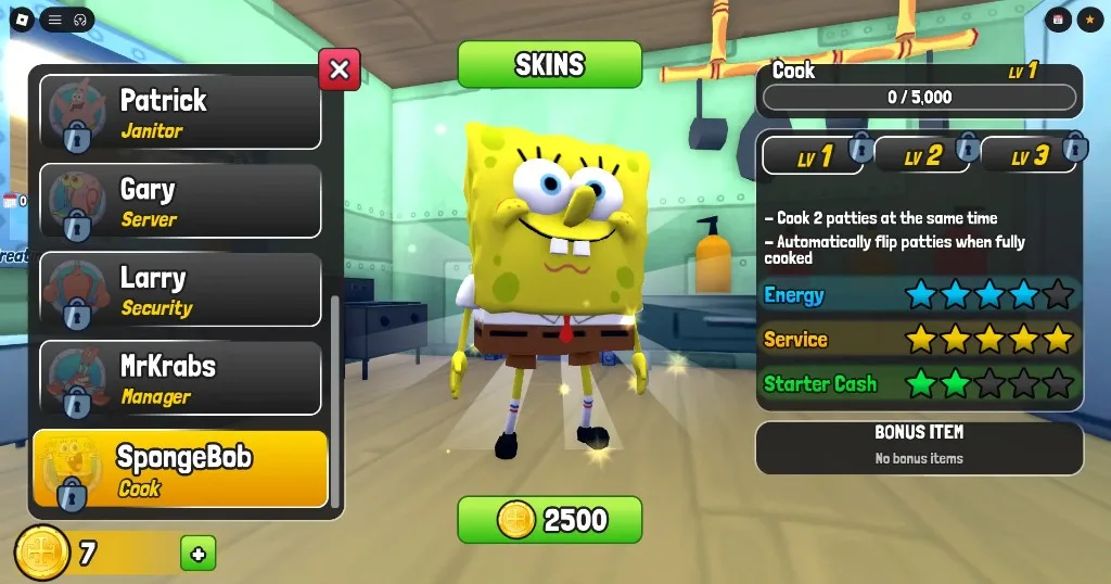 SKINS menu showing SpongeBob Cook unlock for 2500 Doubloons