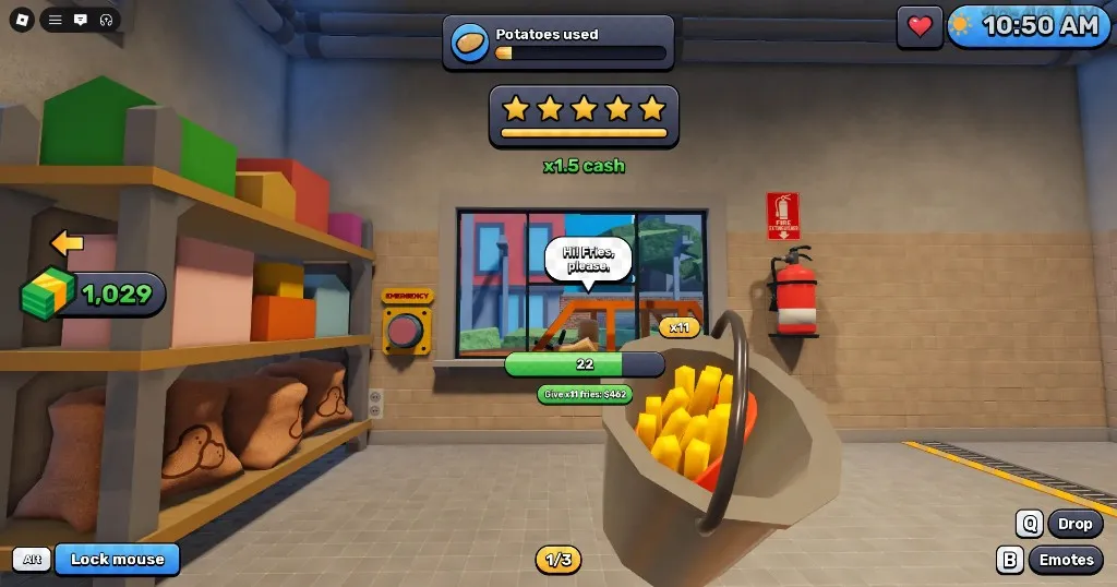 Sell Fries service window with fries in a bucket and the Emergency button