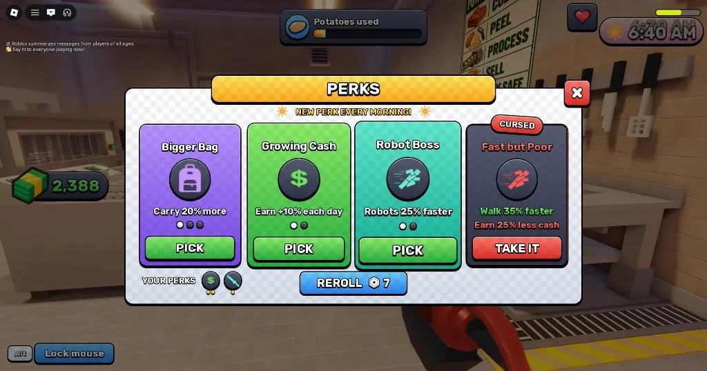 Morning PERKS menu with Bigger Bag, Growing Cash, Robot Boss, and Cursed Fast but Poor