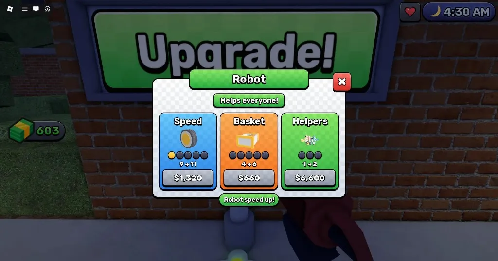 Robot upgrade menu with Speed, Basket, and Helpers costs