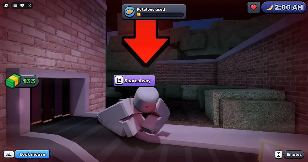 Red-eyed potato monster on the night conveyor with Scare Away prompt