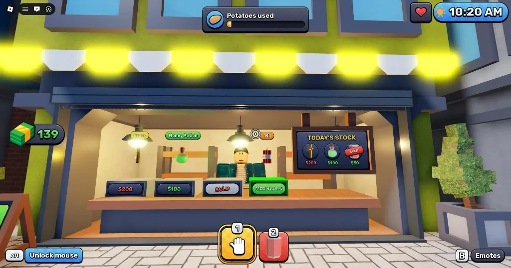 Outdoor street stall with Cross, Money Potion, and TNT stock
