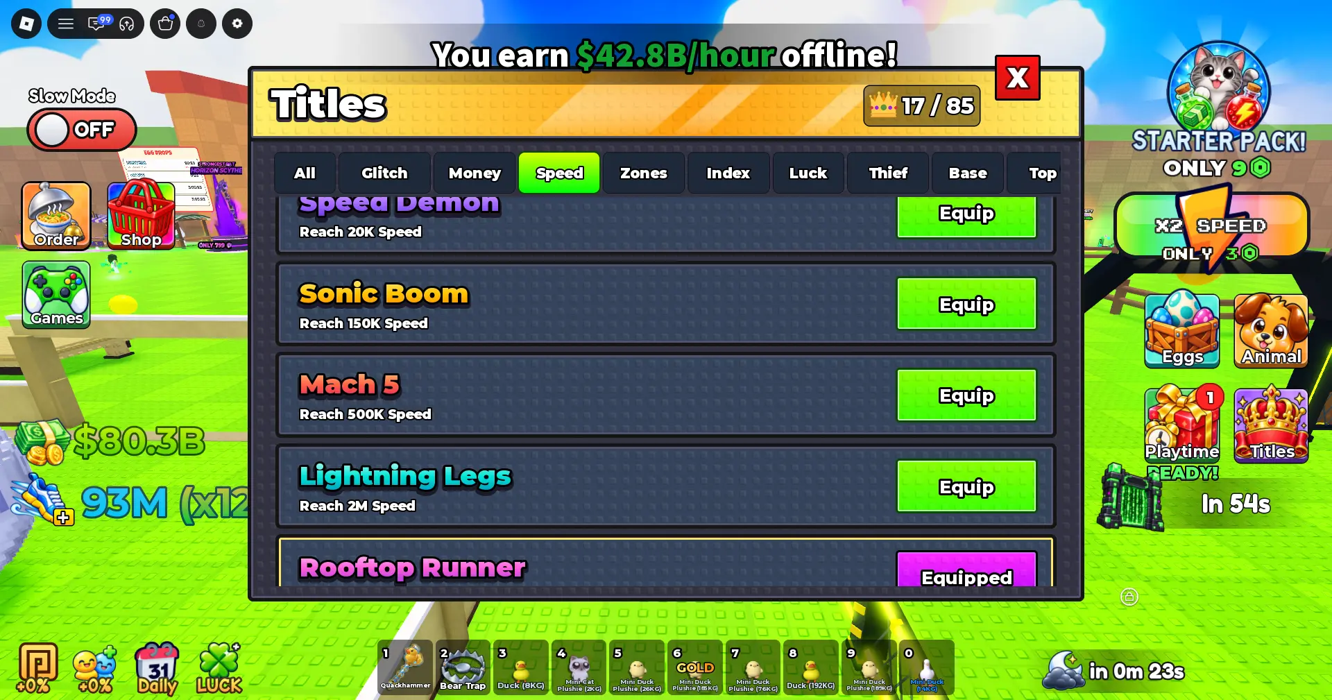 Steal Animal Egg Titles menu with cosmetic unlocks across Glitch, Zones, and Index