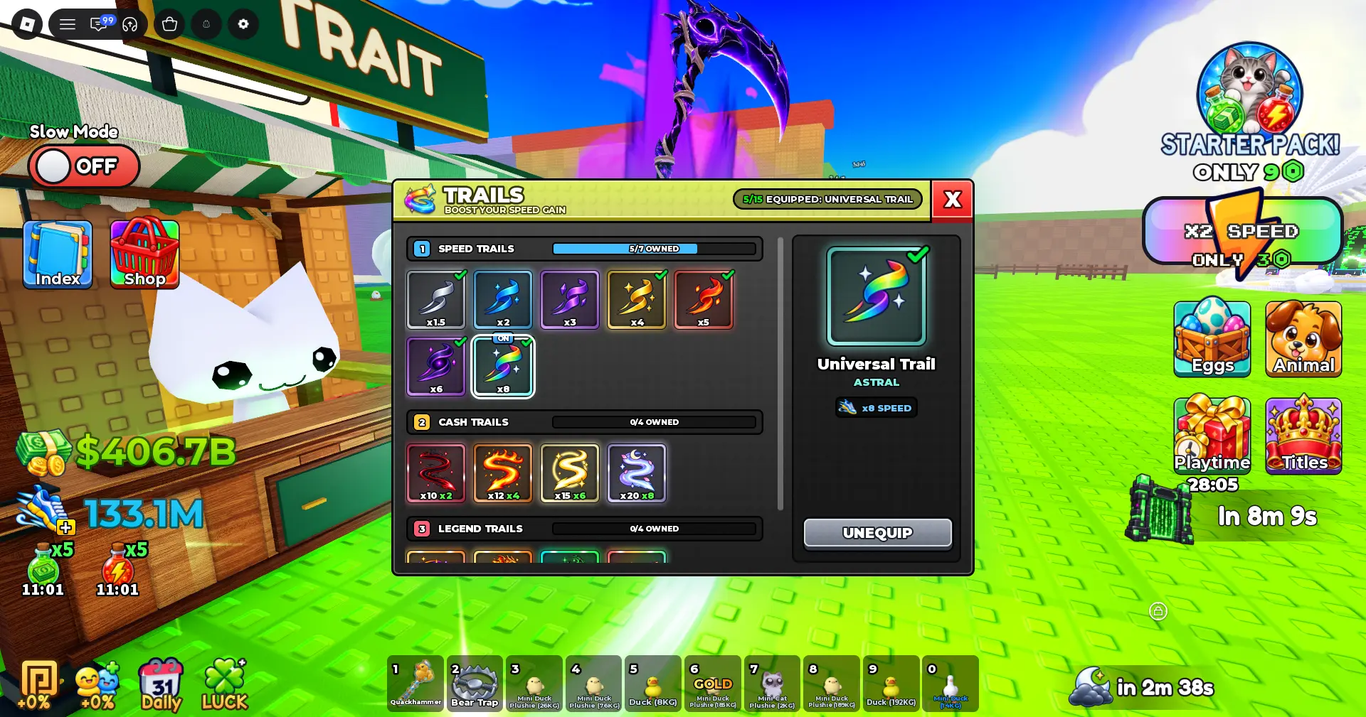 Steal Animal Egg Trail Shop: equip one Trail for Speed and Cash multipliers
