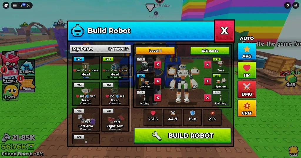 Build Robot menu with six part slots, rarity parts, and HP DMG Defense Crit stats
