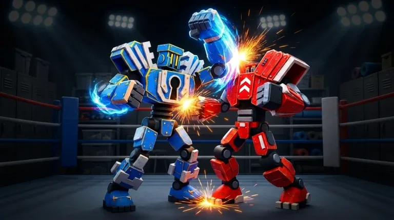Blue and red Steel Fighters robots trading punches in a boxing ring