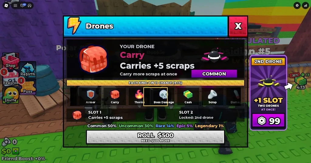 Drones menu showing Carry +5 scraps, roll odds, and $500 Cash roll cost